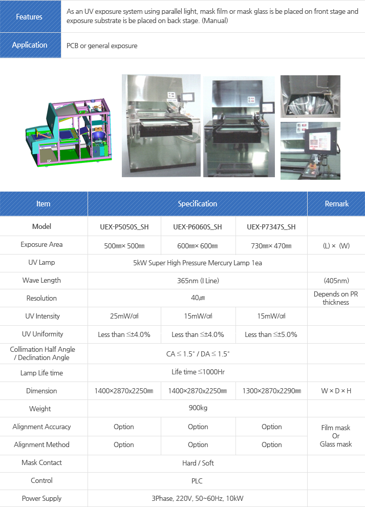 Model : Exposure Area, UV Lamp, Wave Length, Resolution, UV Intensity, UV Uniformity, Collimation Half Angle, Declination Angle, Lamp Life time, Dimension, Weight, Alignment Accuracy, Alignment Method, Mask Contact, Control 
Power Supply